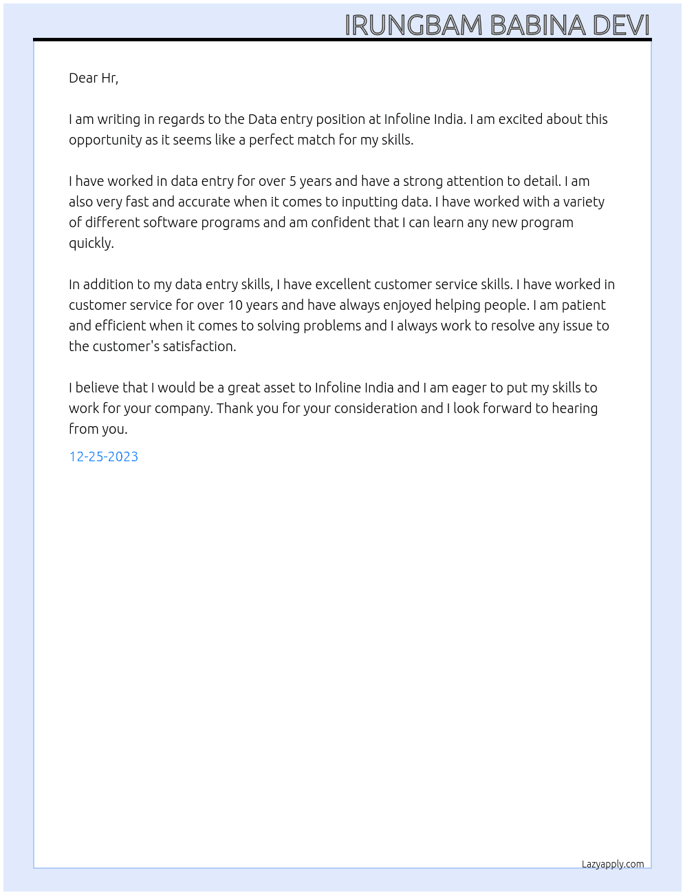 Data entry  At Infoline India Cover Letter