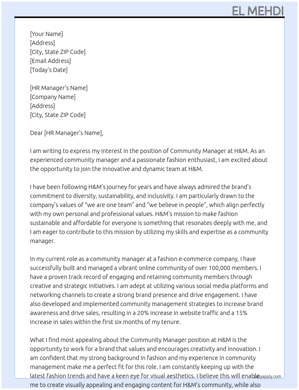 community manager At H&M Cover Letter