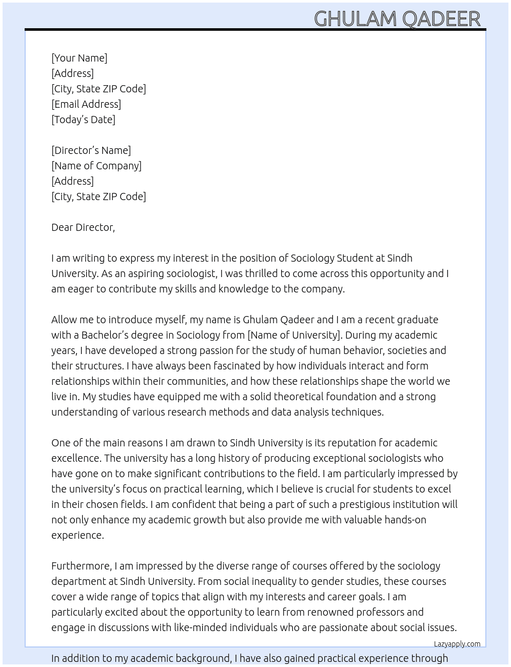 Sociology Student At Sindh university  Cover Letter