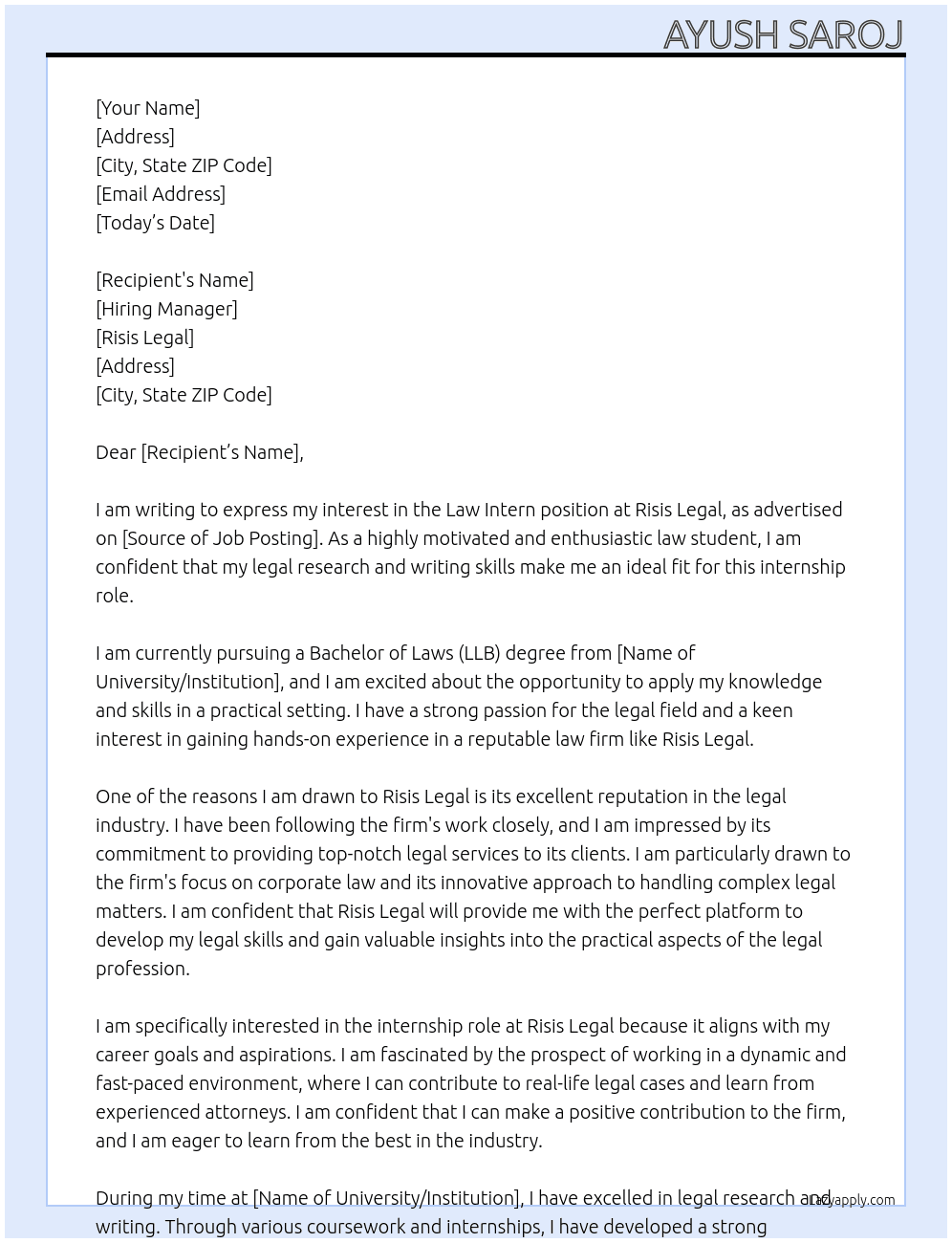 Law Intern At Risis legal Cover Letter