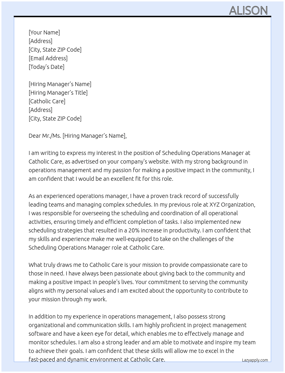 scheduling operatons manager At Catholic care Cover Letter