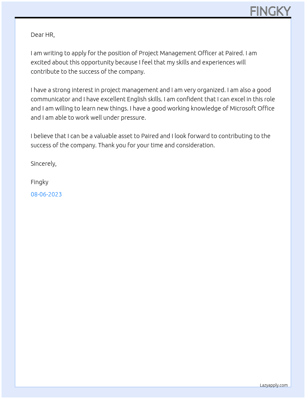 Project Management Officer At Paired Cover Letter