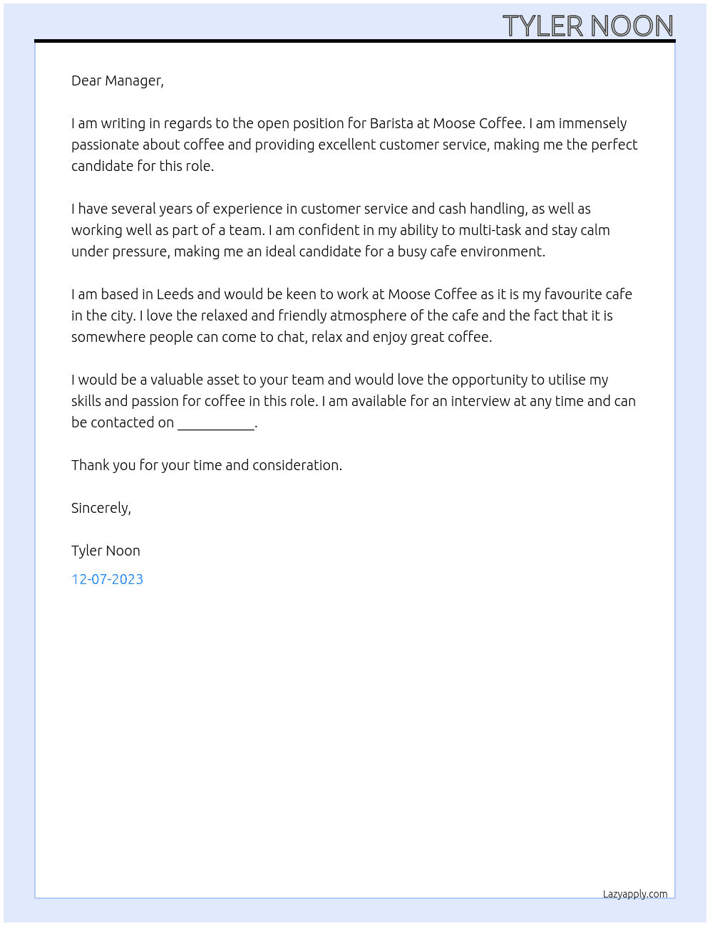 Barista At Moose Coffee Cover Letter