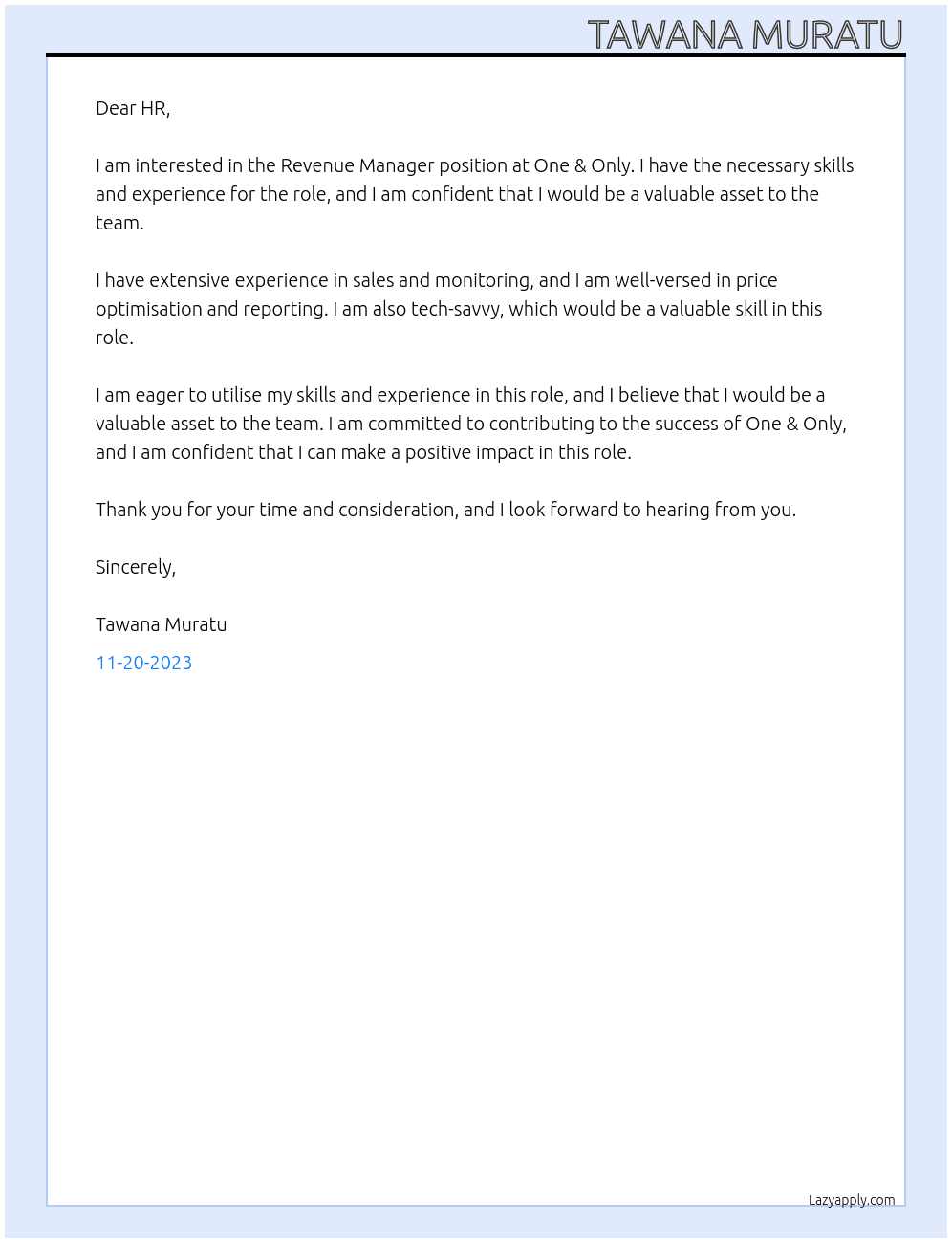 Revenue Manager At One & Only Cover Letter