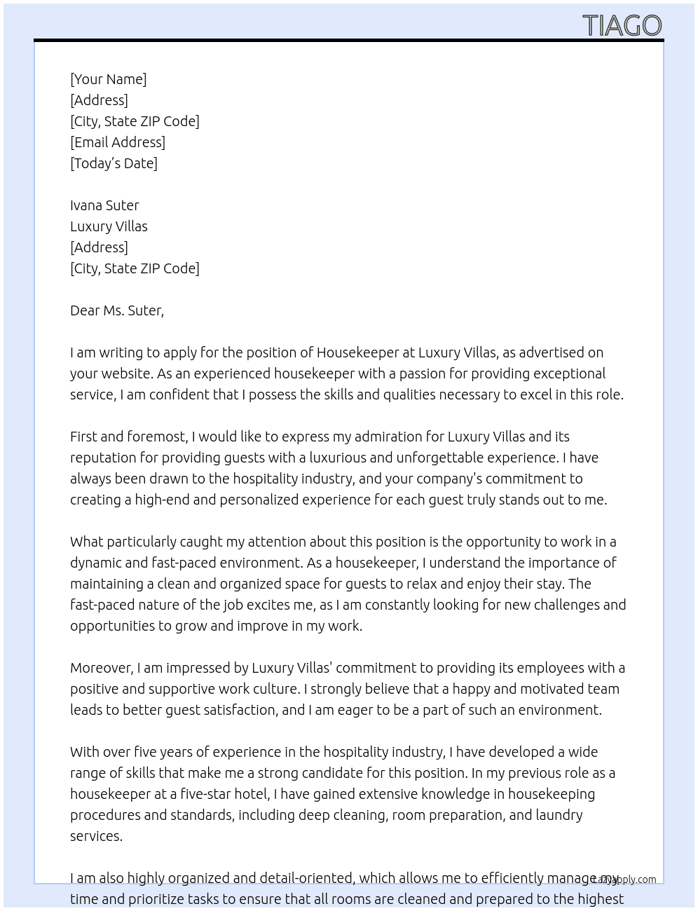 Housekeeper At Luxury Villas Cover Letter