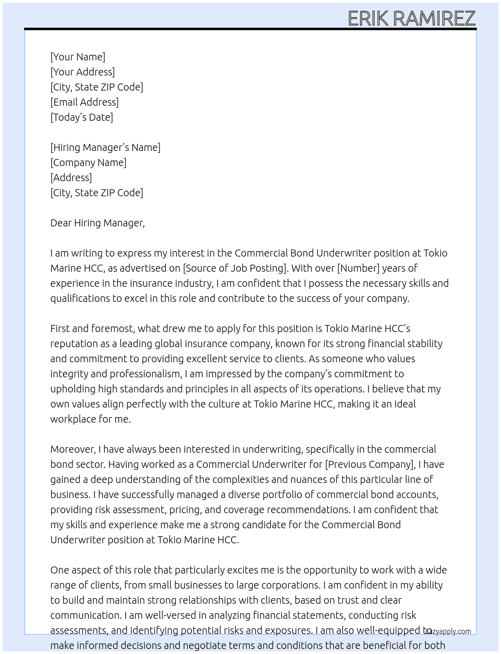 Commercial Bond Underwriter At Tokio Marine HCC Cover Letter
