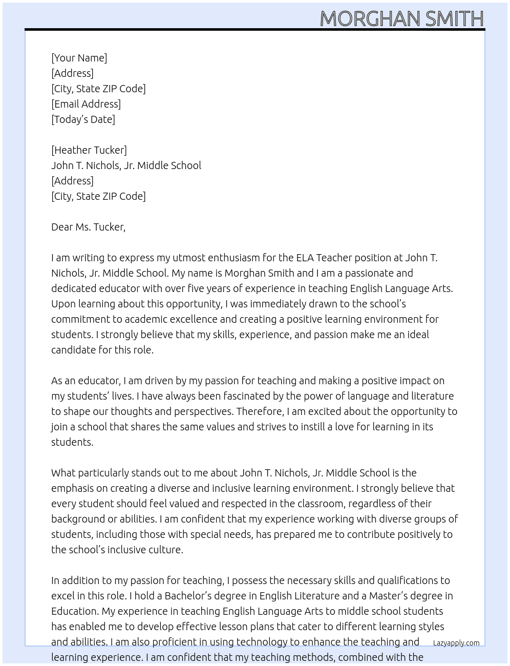 ELA Teacher At John T. Nichols, Jr. Middle School Cover Letter