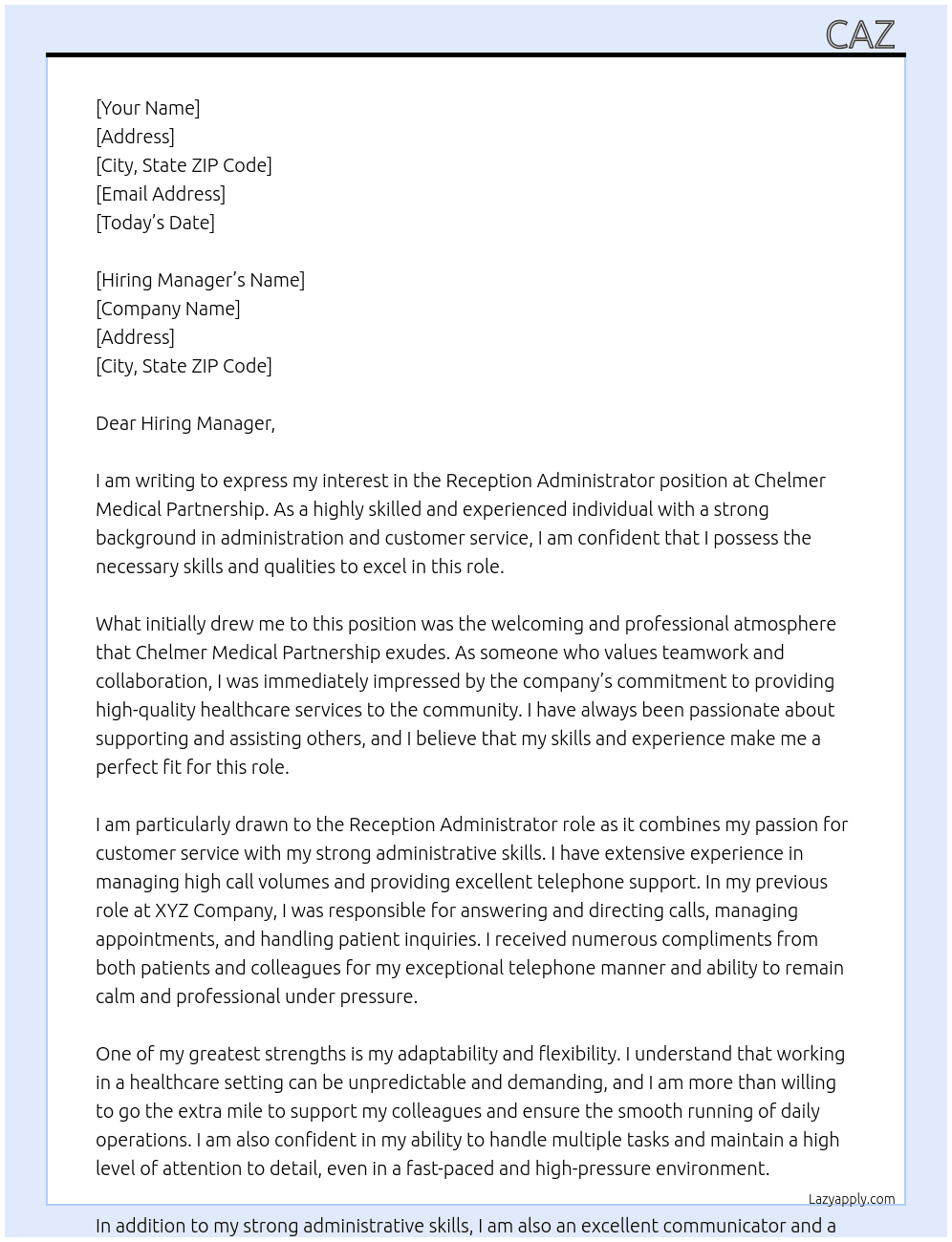Reception Administrator At Chelmer Medical Partnership Cover Letter