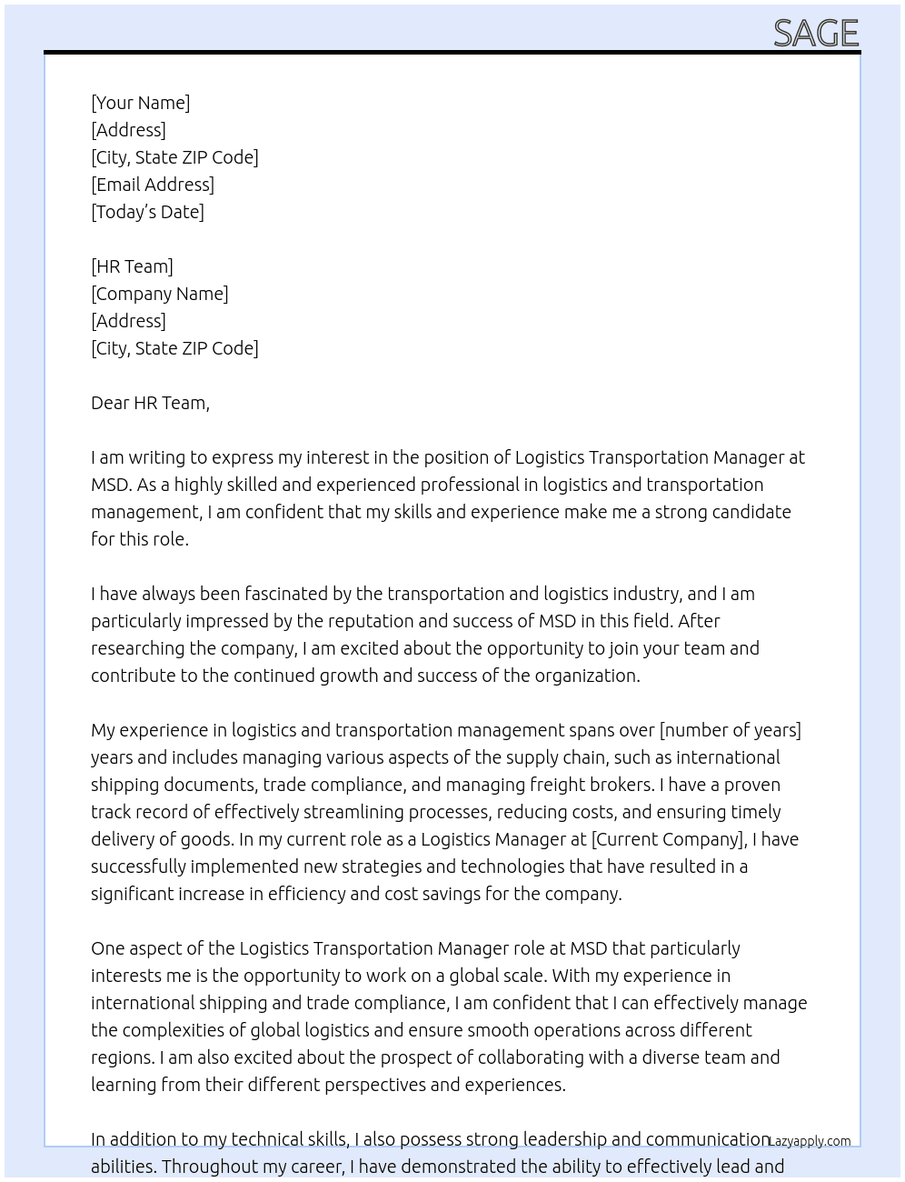 Cover letter for logistics transportation manager - LazyApply