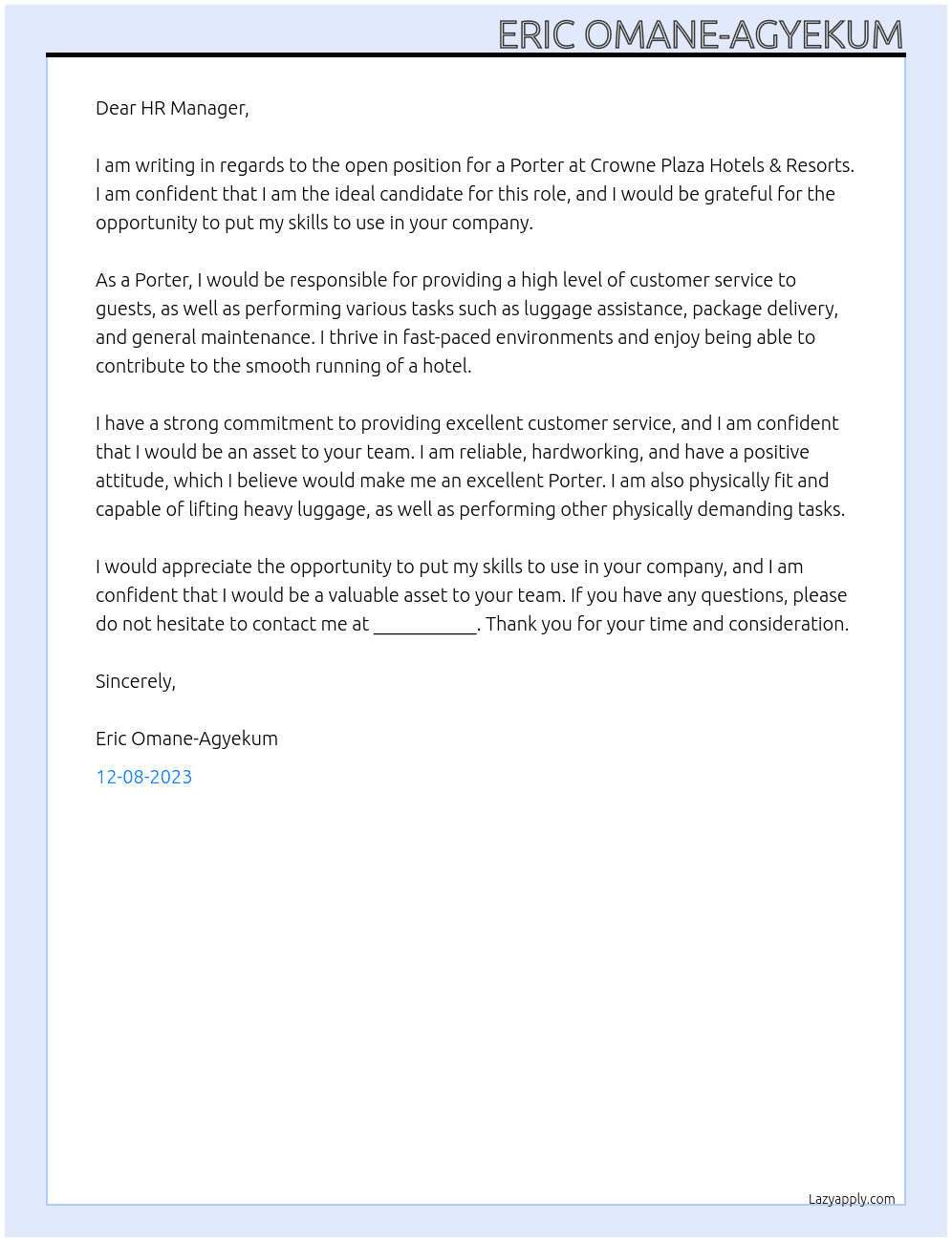 Porter At Crowne Plaza Hotels & Resorts Cover Letter