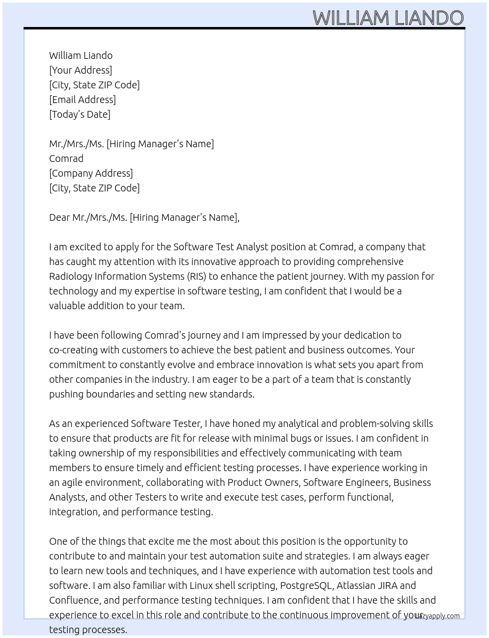 Software Test Analyst At Comrad Cover Letter