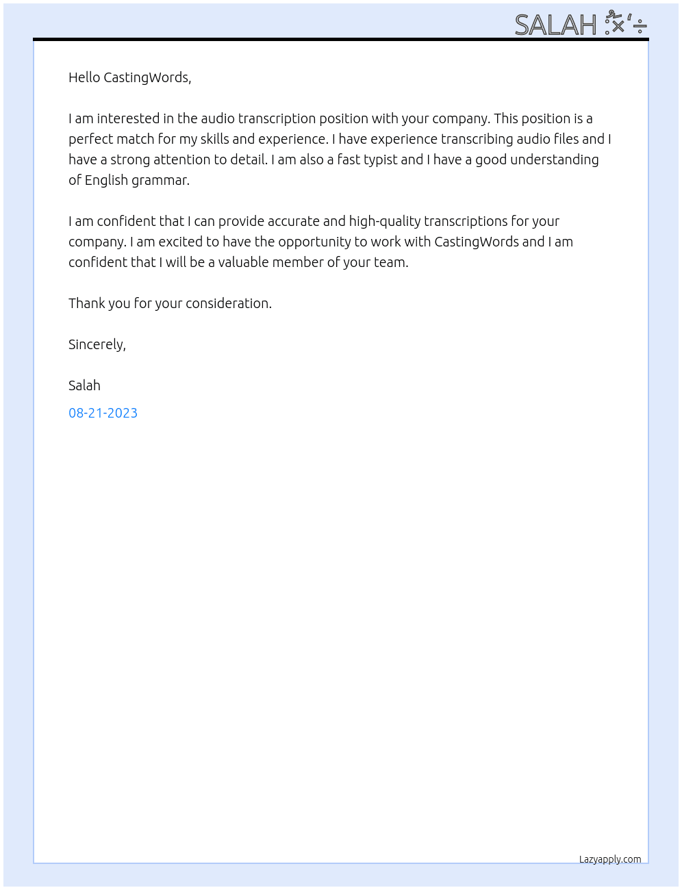 Audio Transcription At Casting words Cover Letter