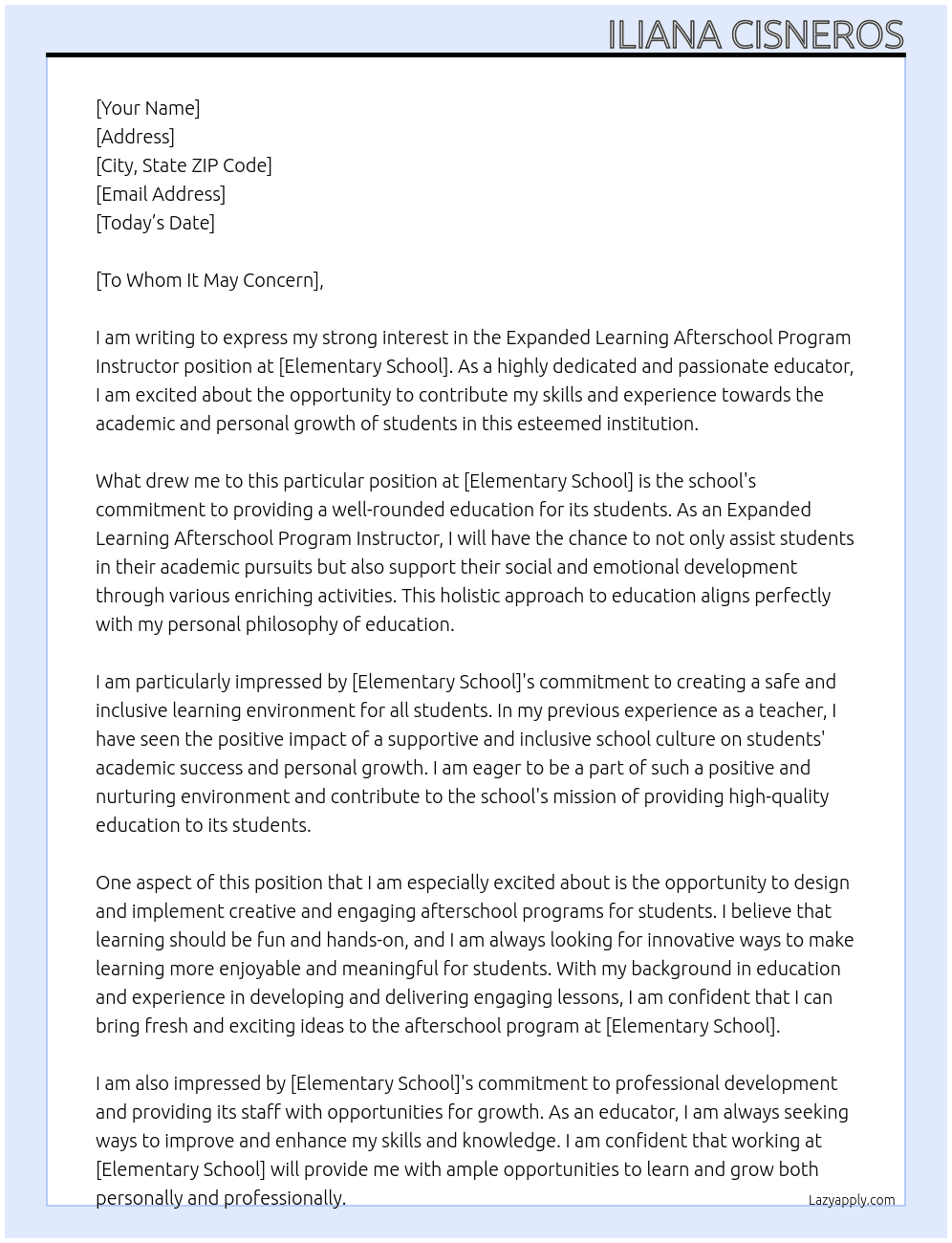 expanded learning afterschool program instructor At Elementary school Cover Letter