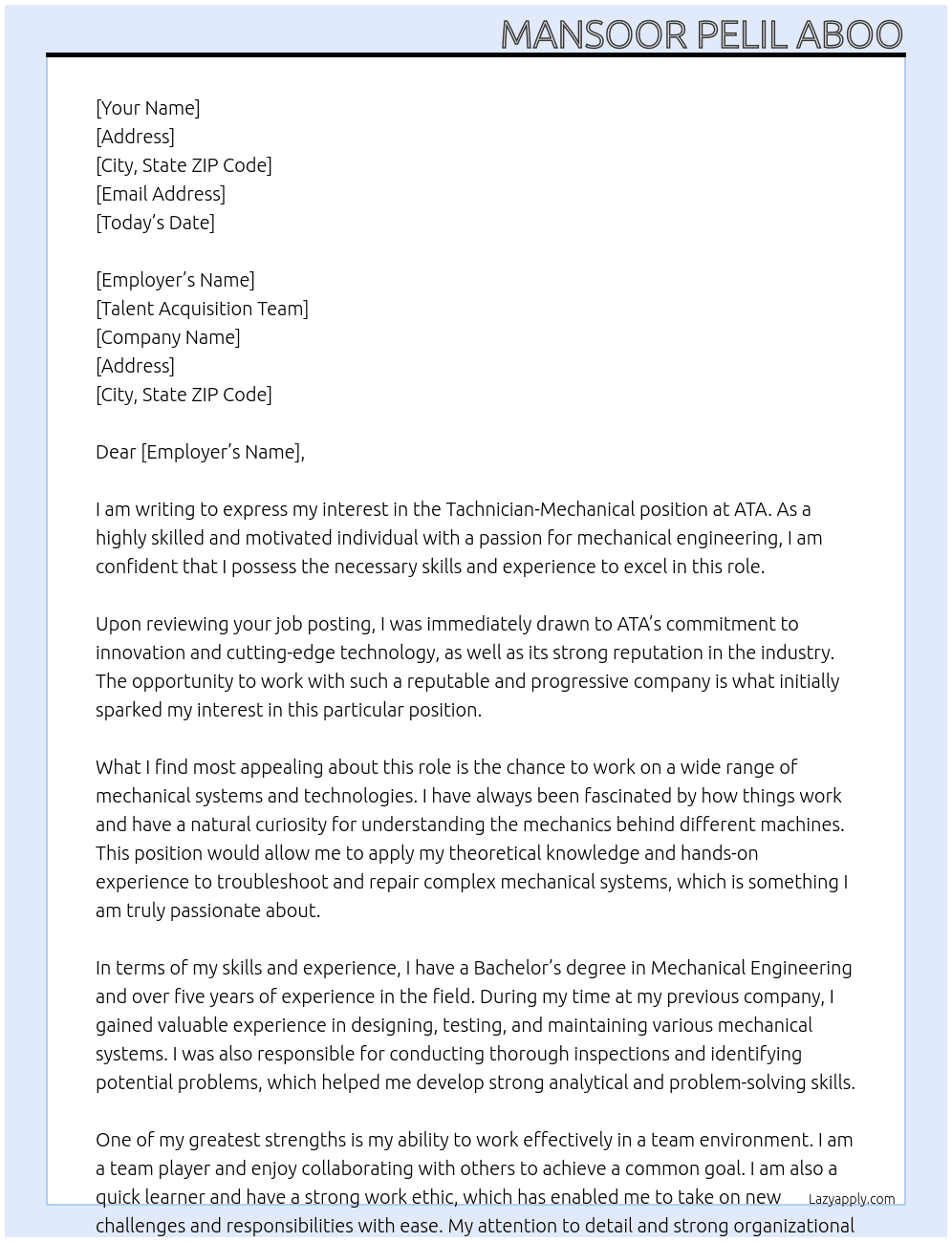 Cover letter for tachnician-mechanical - LazyApply