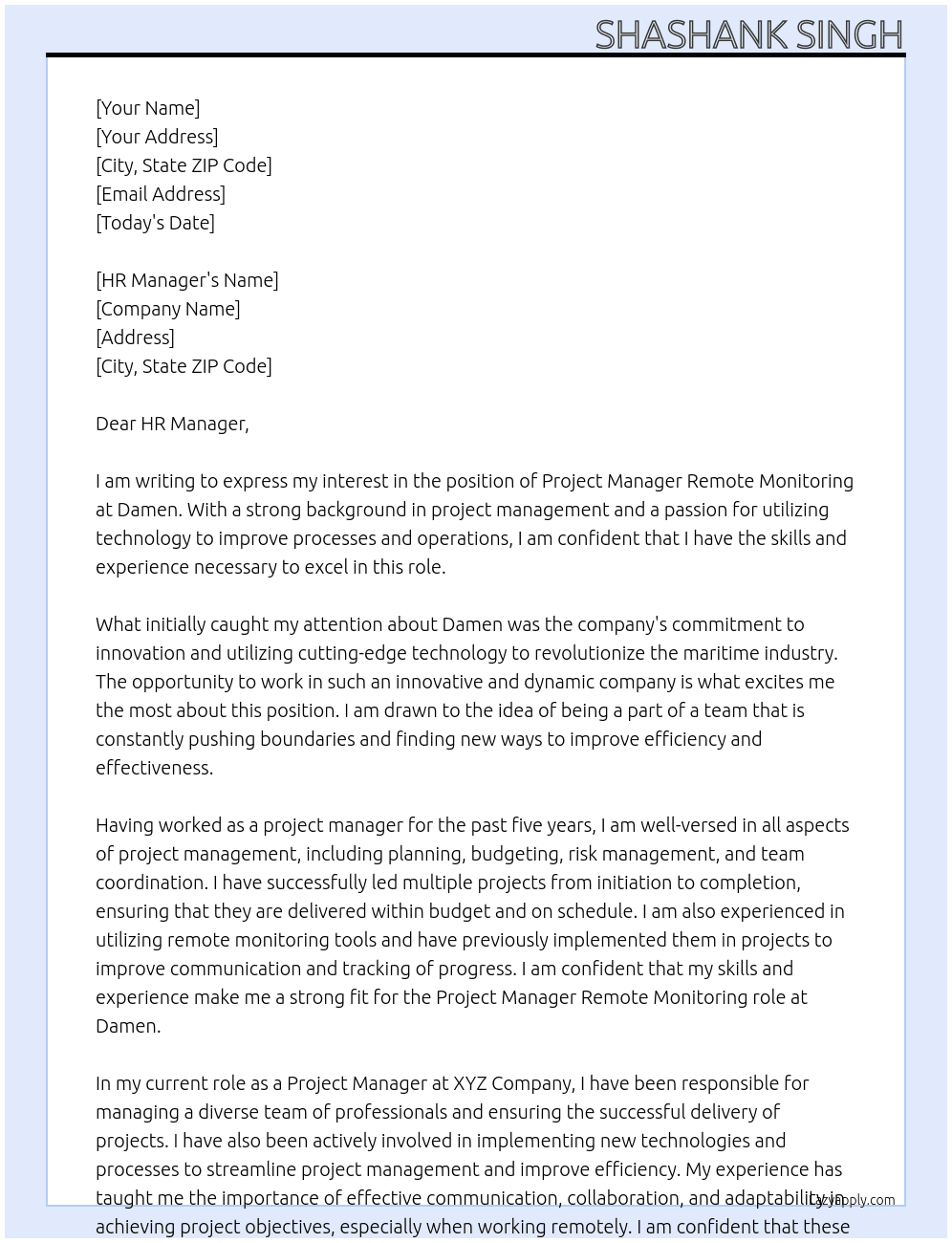 Project Manager Remote Monitoring At Damen Cover Letter