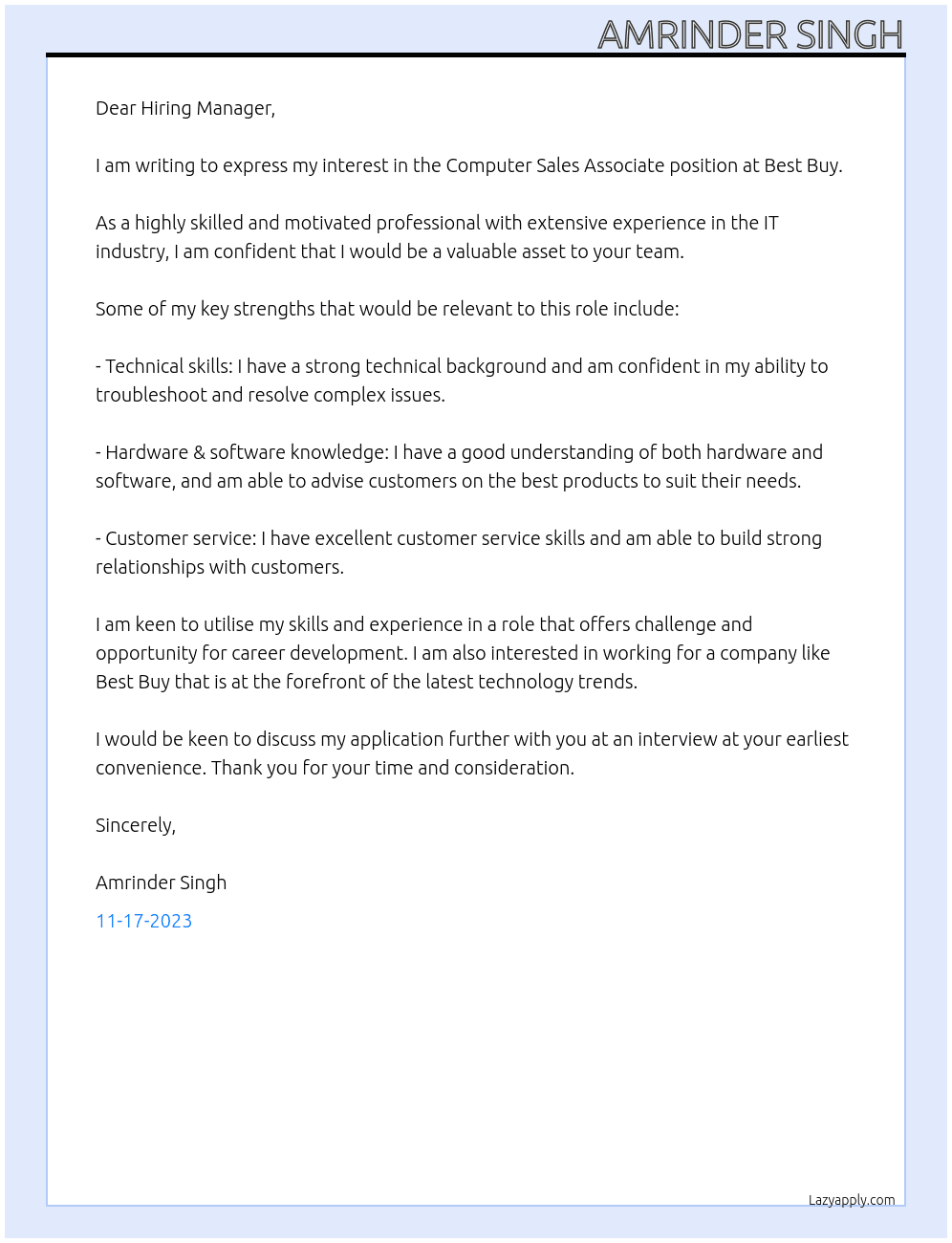 Computer Sales Associate At Best Buy Cover Letter