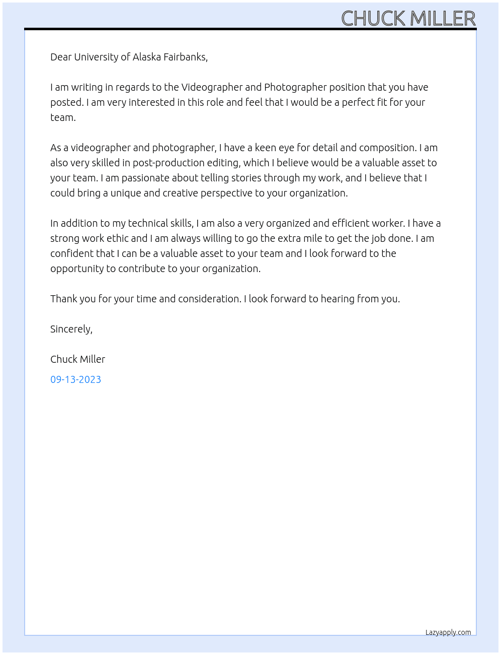 Videographer and Photographer At University of Alaska Fairbanks Cover Letter