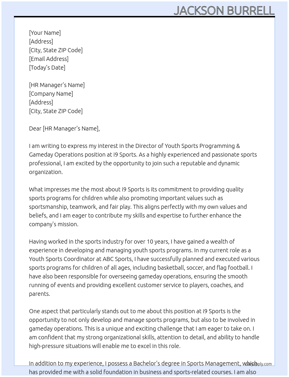 Director of Youth Sports Programming & Gameday Operations At i9 Sports Cover Letter