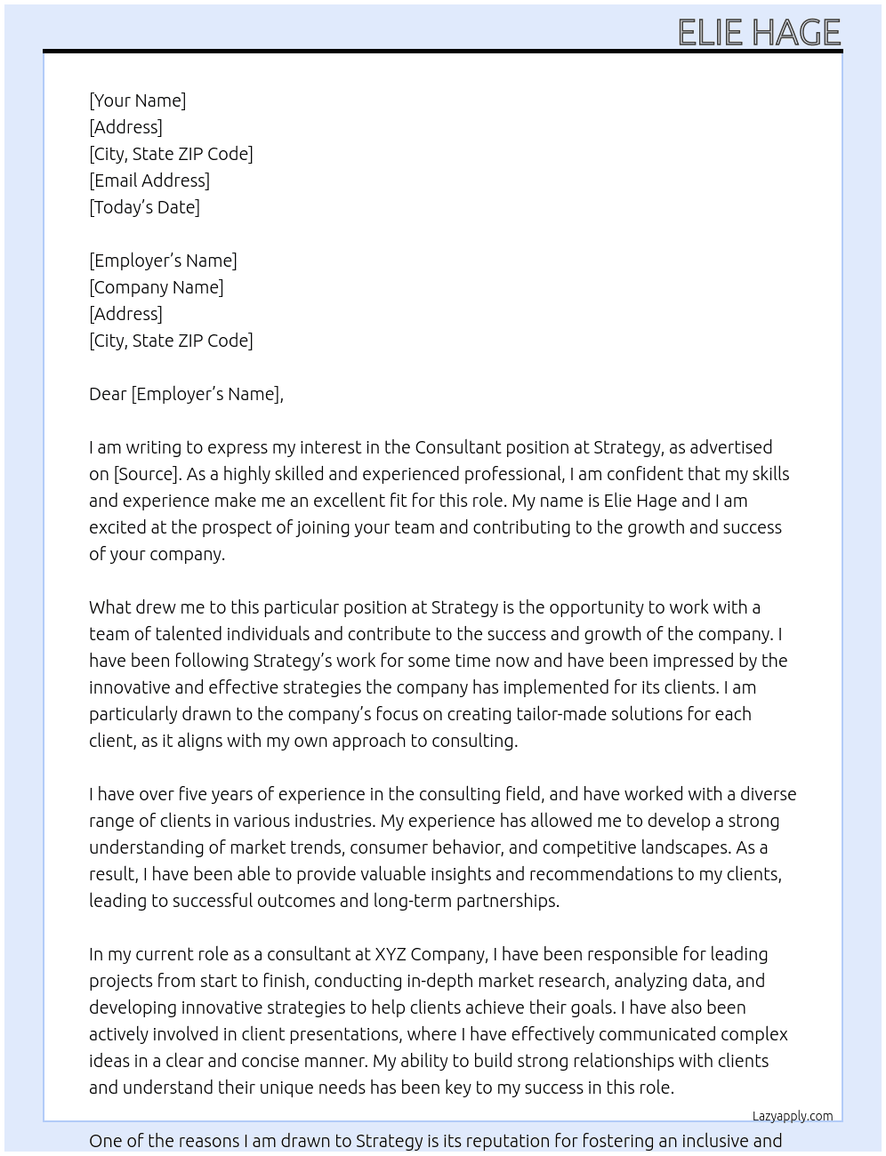 consulatnt At Strategy Cover Letter