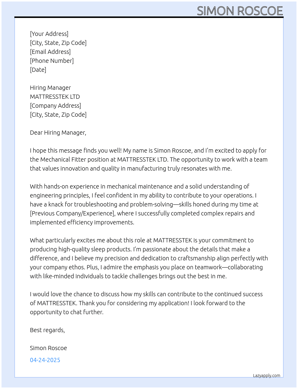 mechanical fitter At  MATTRESSTEK LTD Cover Letter