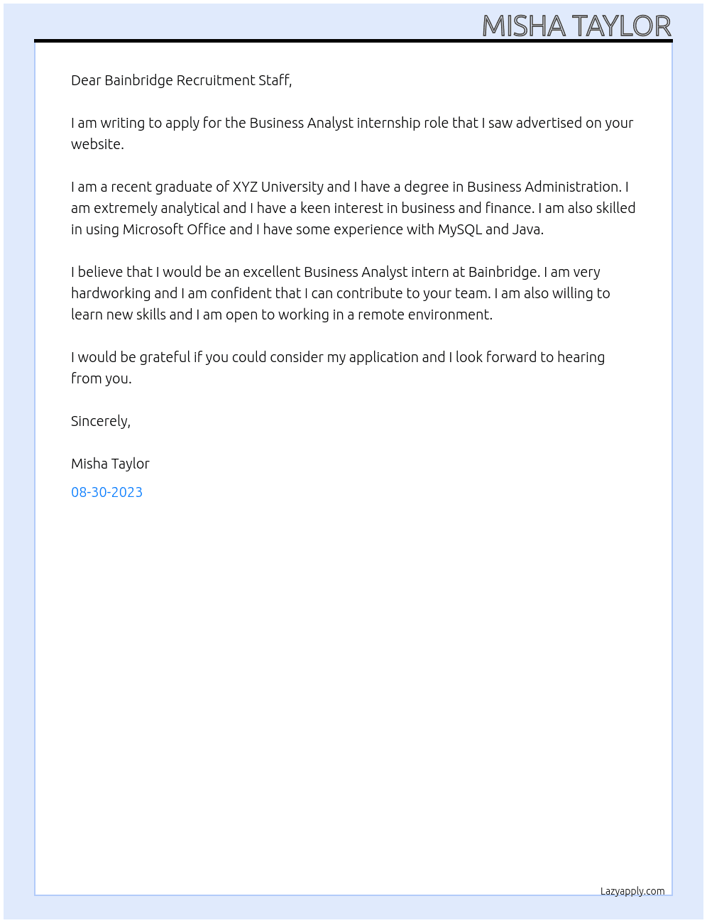 business analyst  At Bainbridge Cover Letter