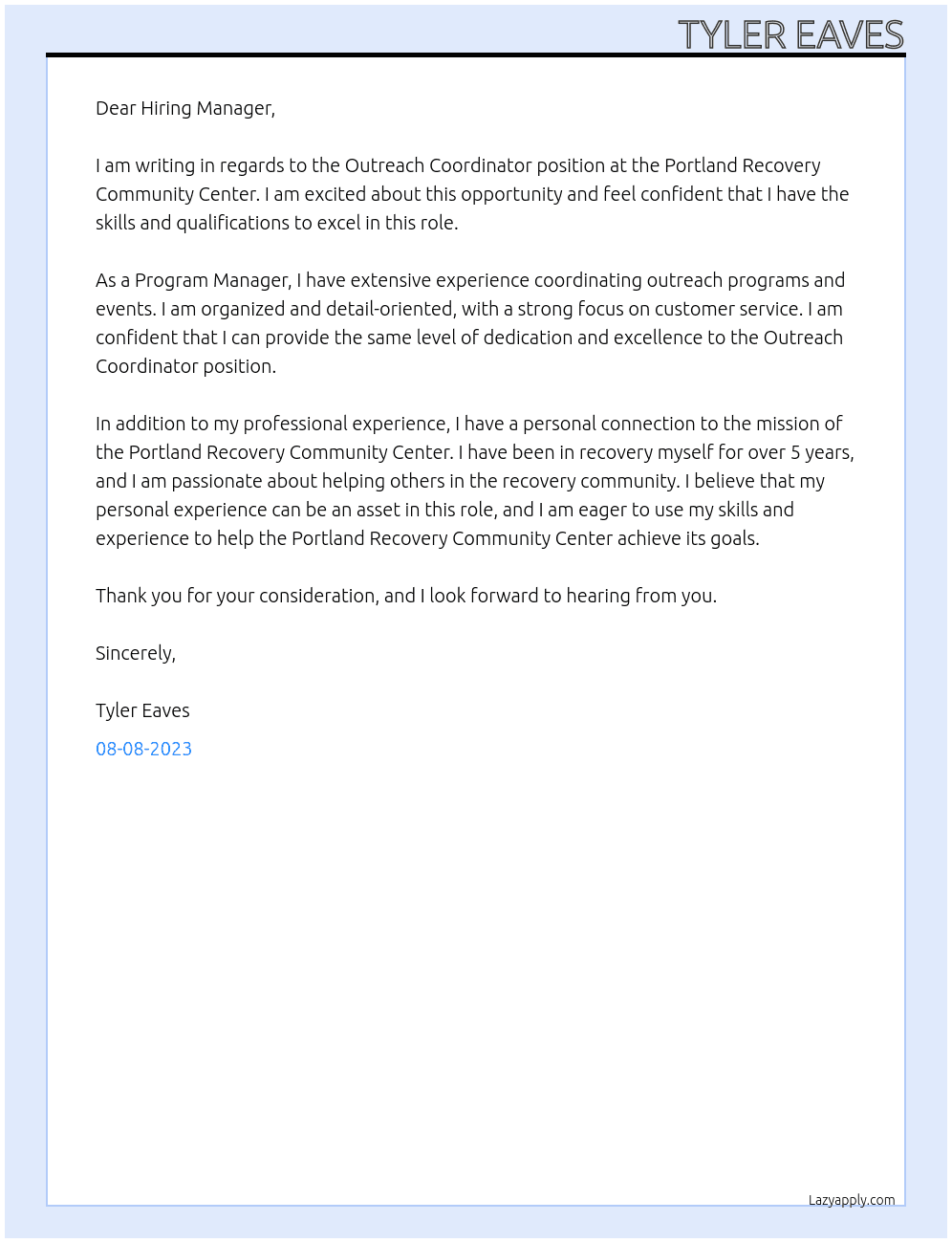 Outreach Coordinator At Portland Recovery Community Center Cover Letter
