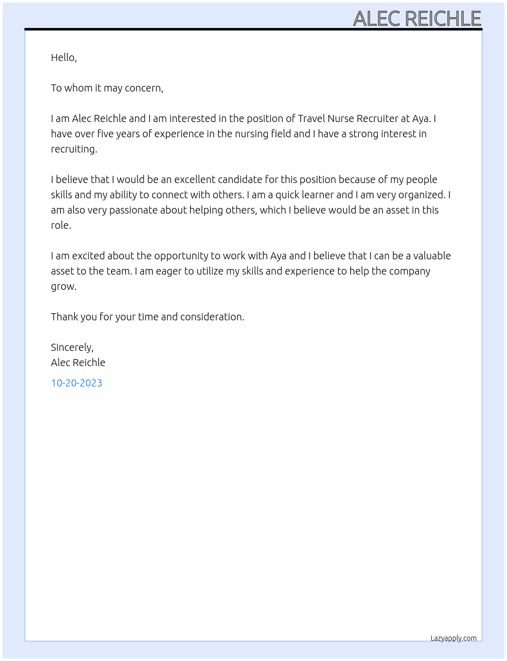 Travel nurse recruiter At Aya Cover Letter