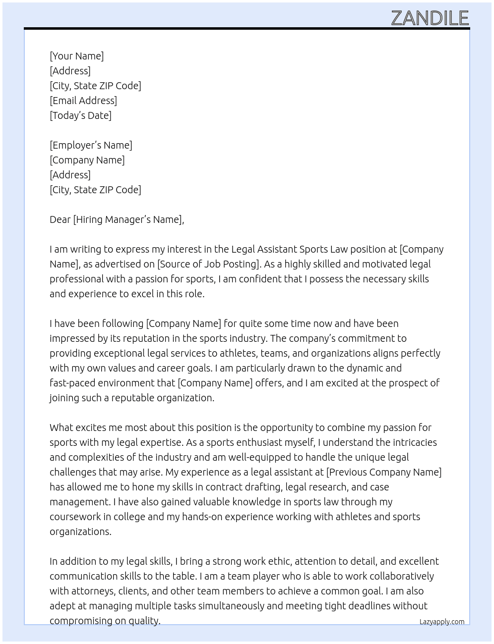 Legal assistant sports law At Sport Cover Letter
