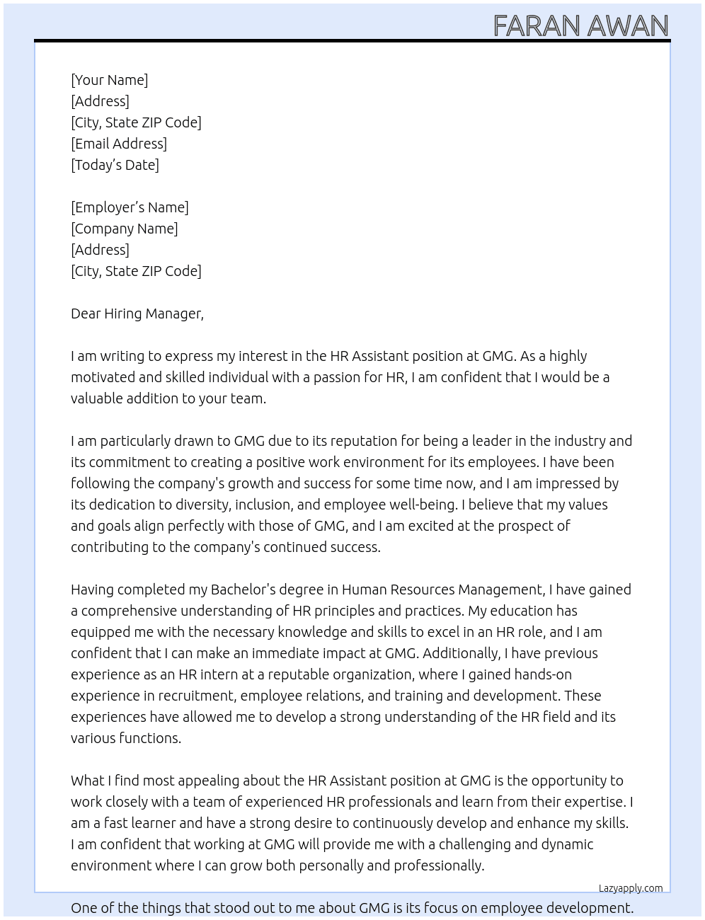 hr assistant At gmg Cover Letter