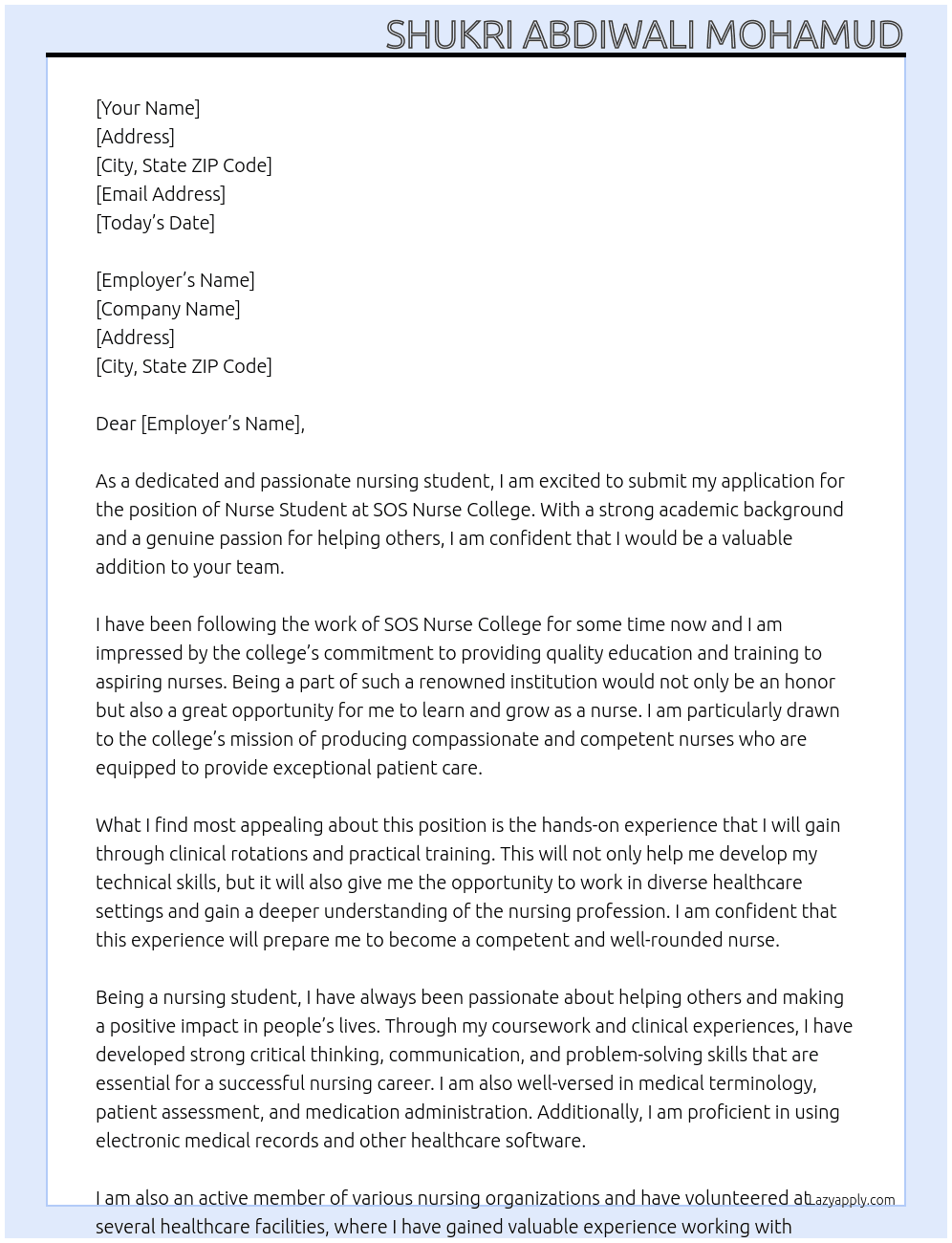 Nurse Student At Sos Nurse collage Cover Letter