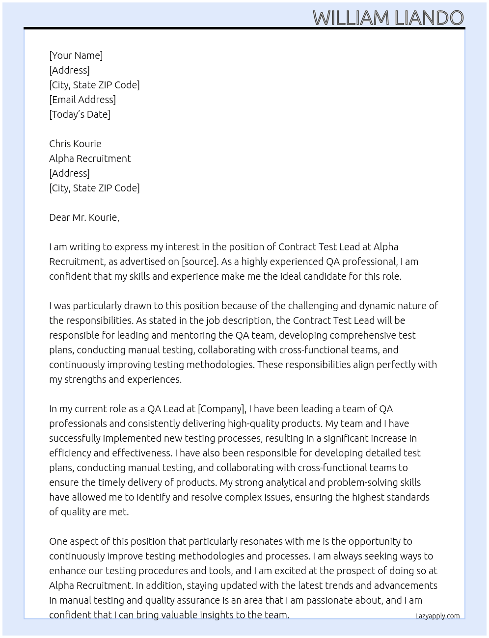 Contract Test Lead At Alpha Recruitment Cover Letter