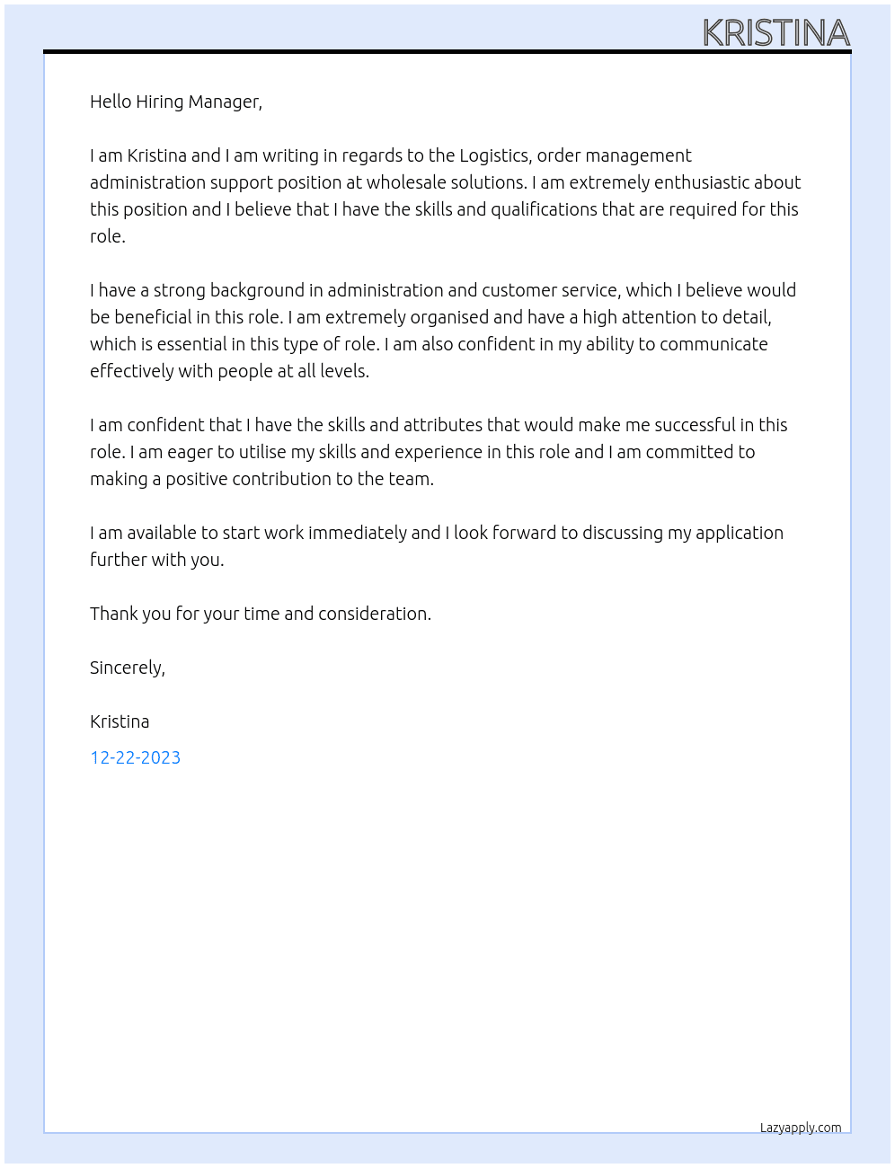 Logistics, order management administration support At wholesale solutions Cover Letter