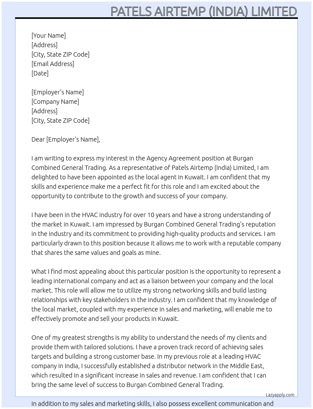Agency Agreement At Appointed as local agent in Kuwair Cover Letter