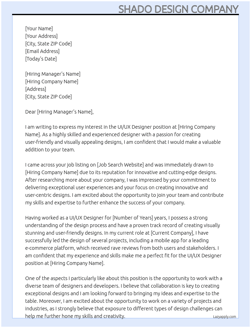  UI / UX designer At you company Cover Letter