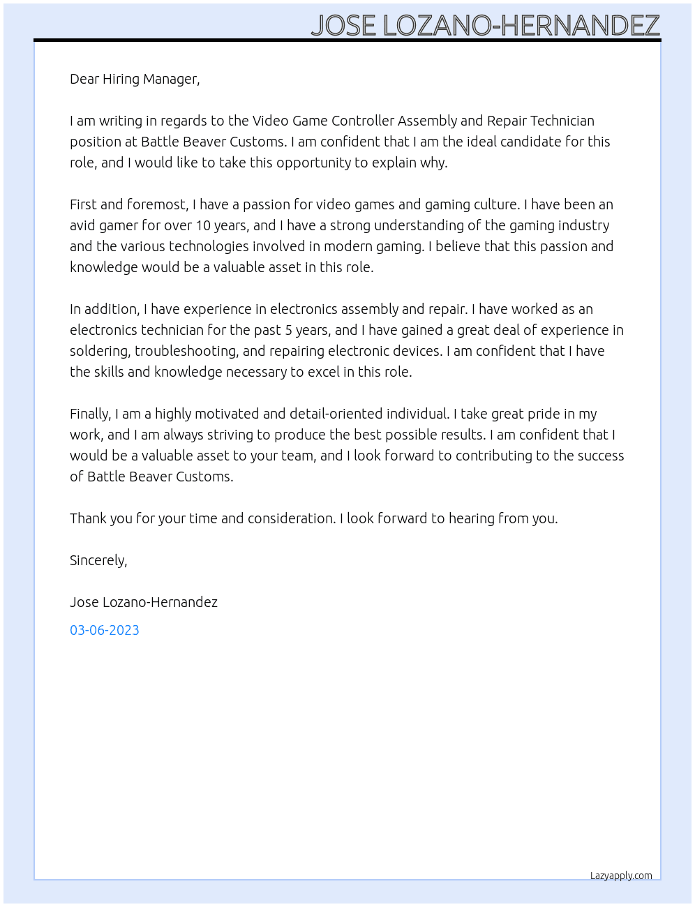 Video Game Controller Assembly and Repair Technician At Battle Beaver Customs Cover Letter