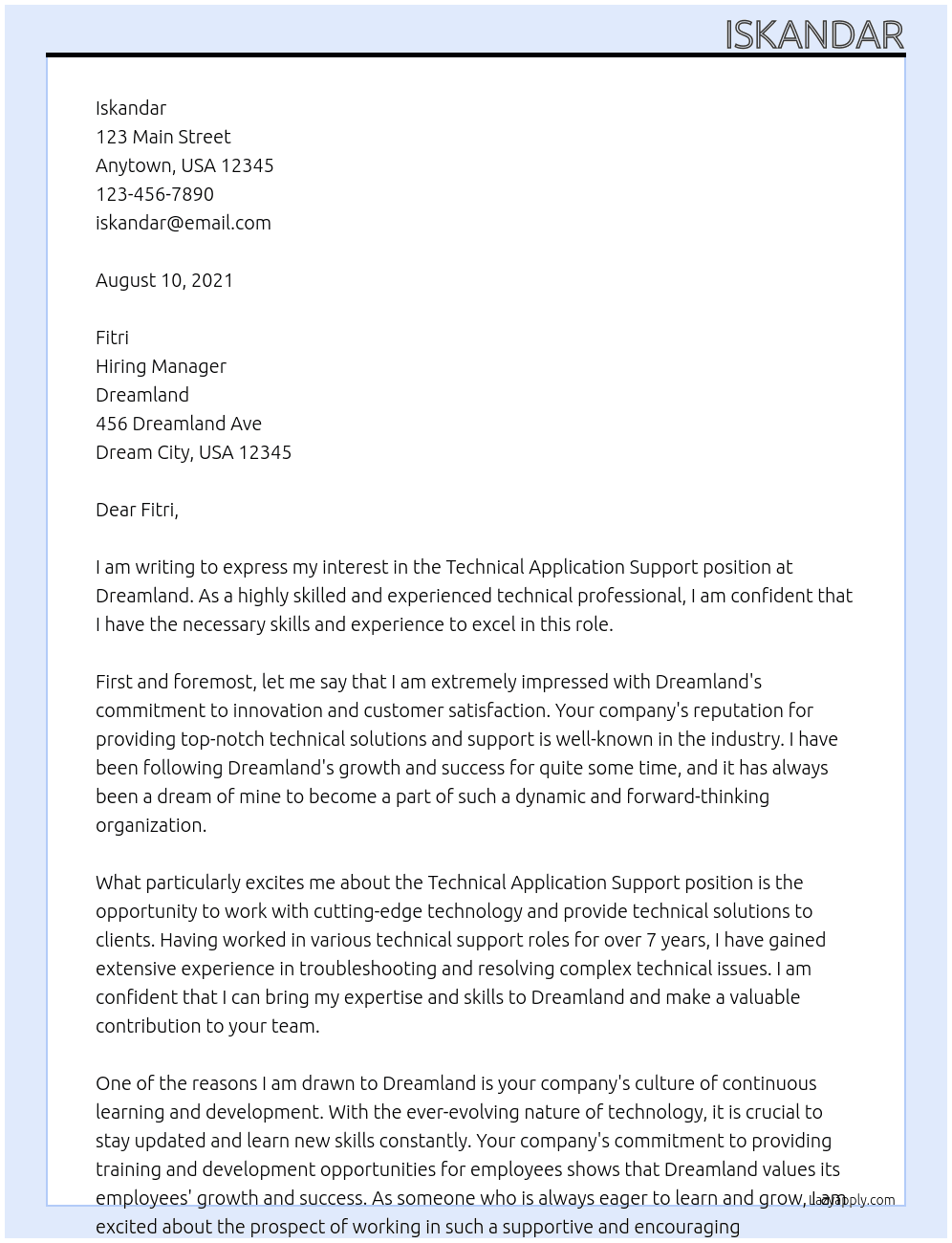 Technical Apllication Support At Dreamland Cover Letter