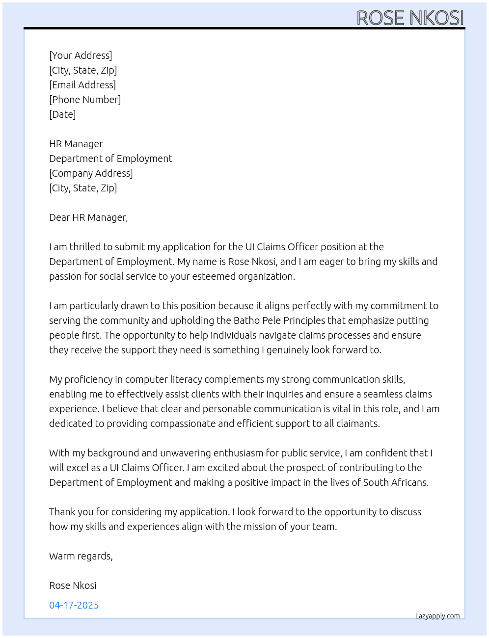 UI Claims Officer At Department of Employment Cover Letter