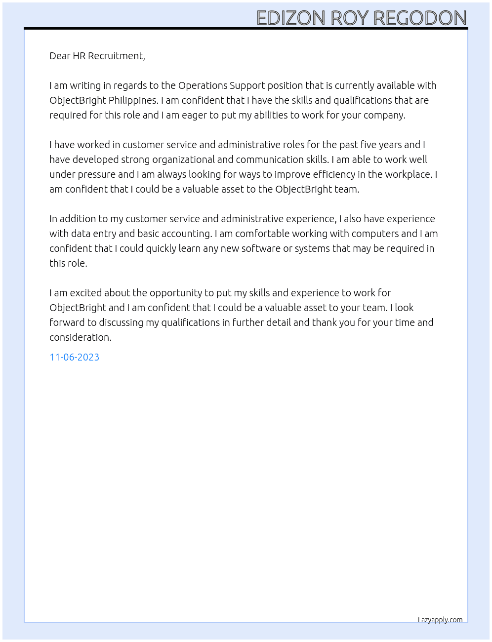 Operations Support At ObjectBright Philippines Cover Letter