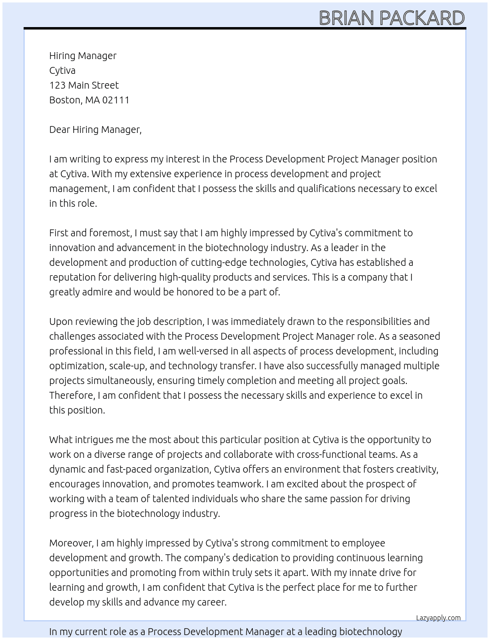 Cover letter for process development project manager - LazyApply