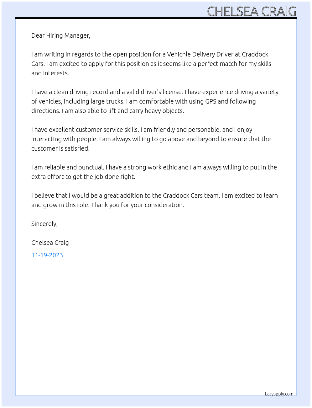 Vehichle Delivery Driver At Craddock Cars Cover Letter