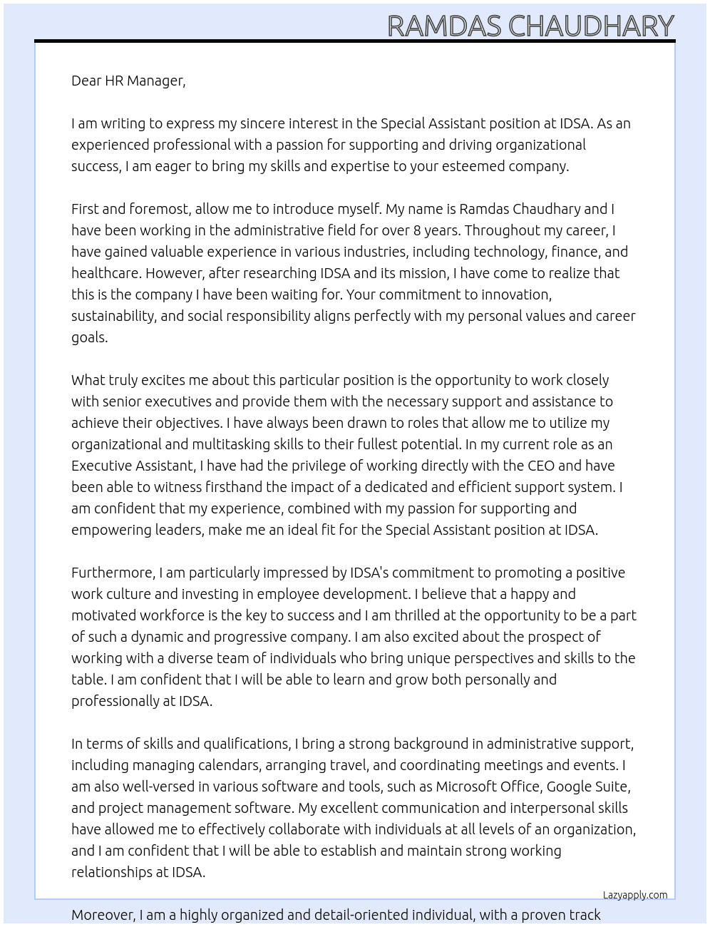 Cover letter for special assistant - LazyApply