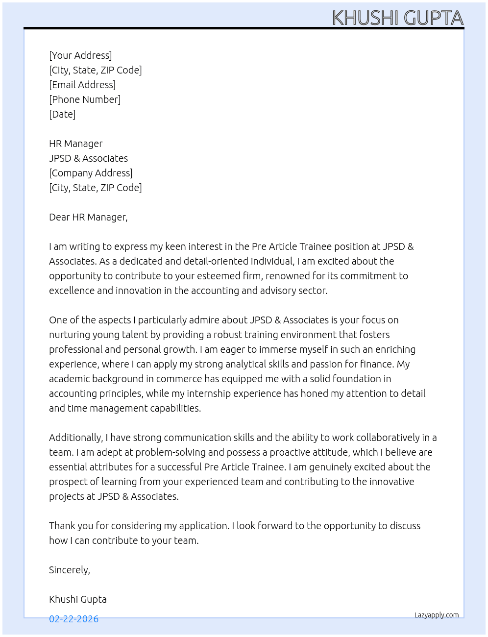Pre Article Trainee At JPSD & Associates Cover Letter