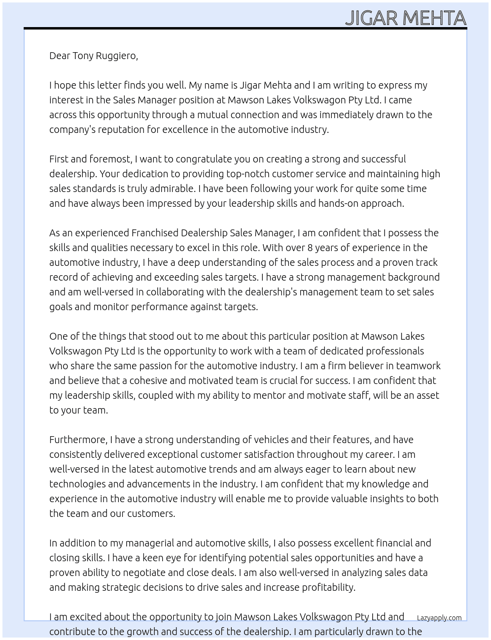 Sales Manager At Mawson Lakes Volkswagon Pty Ltd Cover Letter