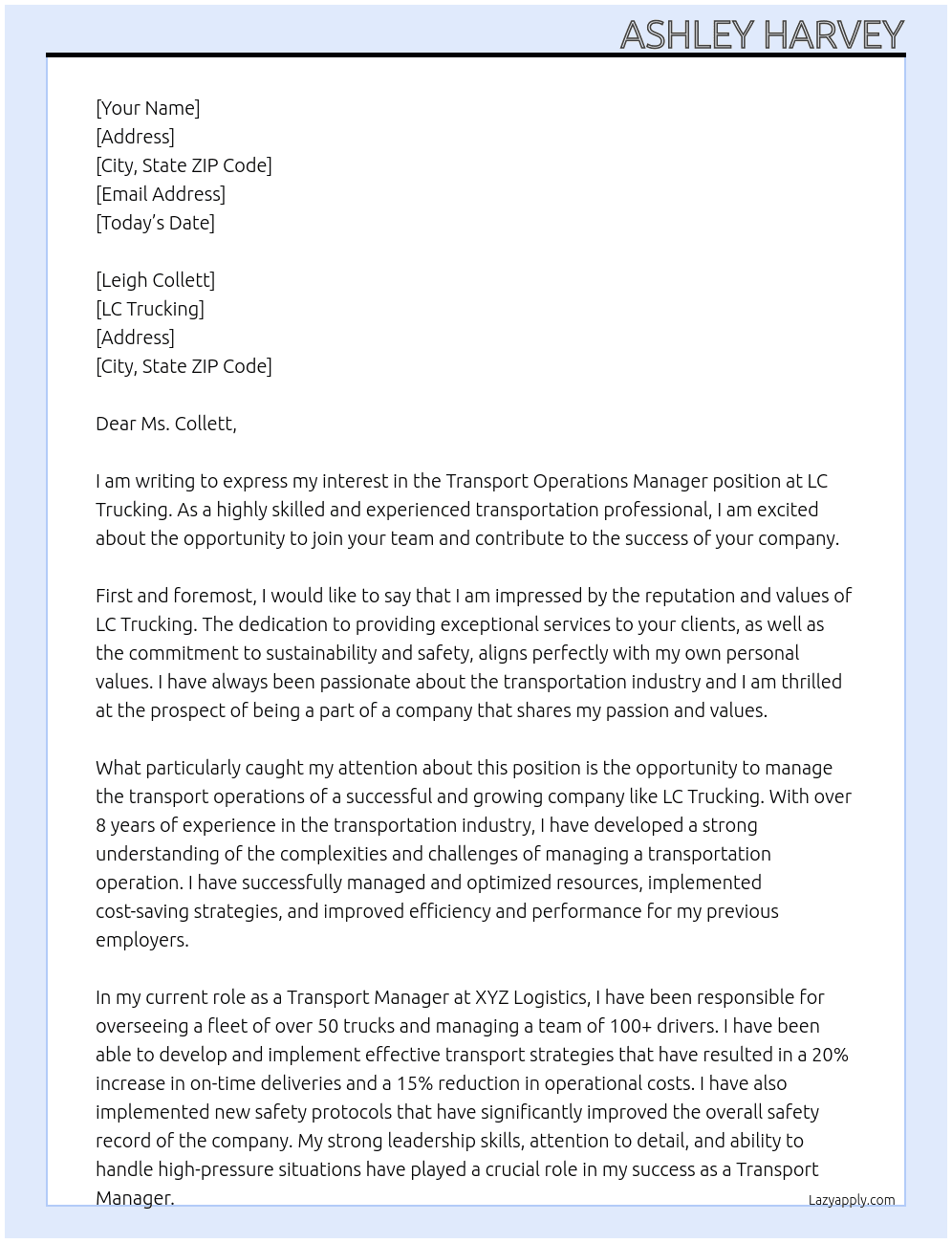 Transport Operations Manager At LC Trucking Cover Letter