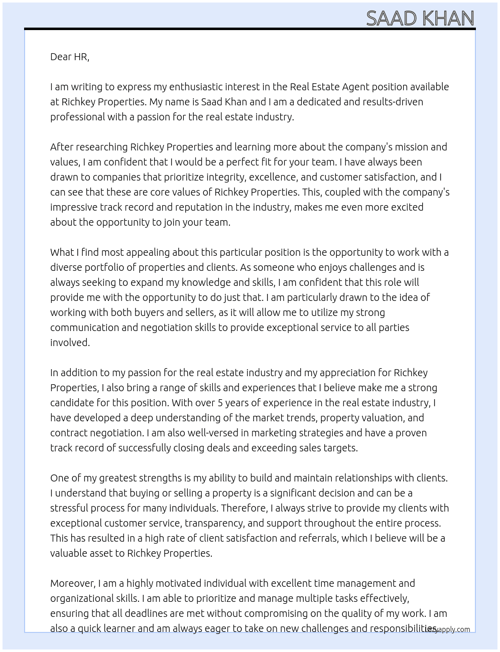 Real estate agent At Richkey Properties Cover Letter