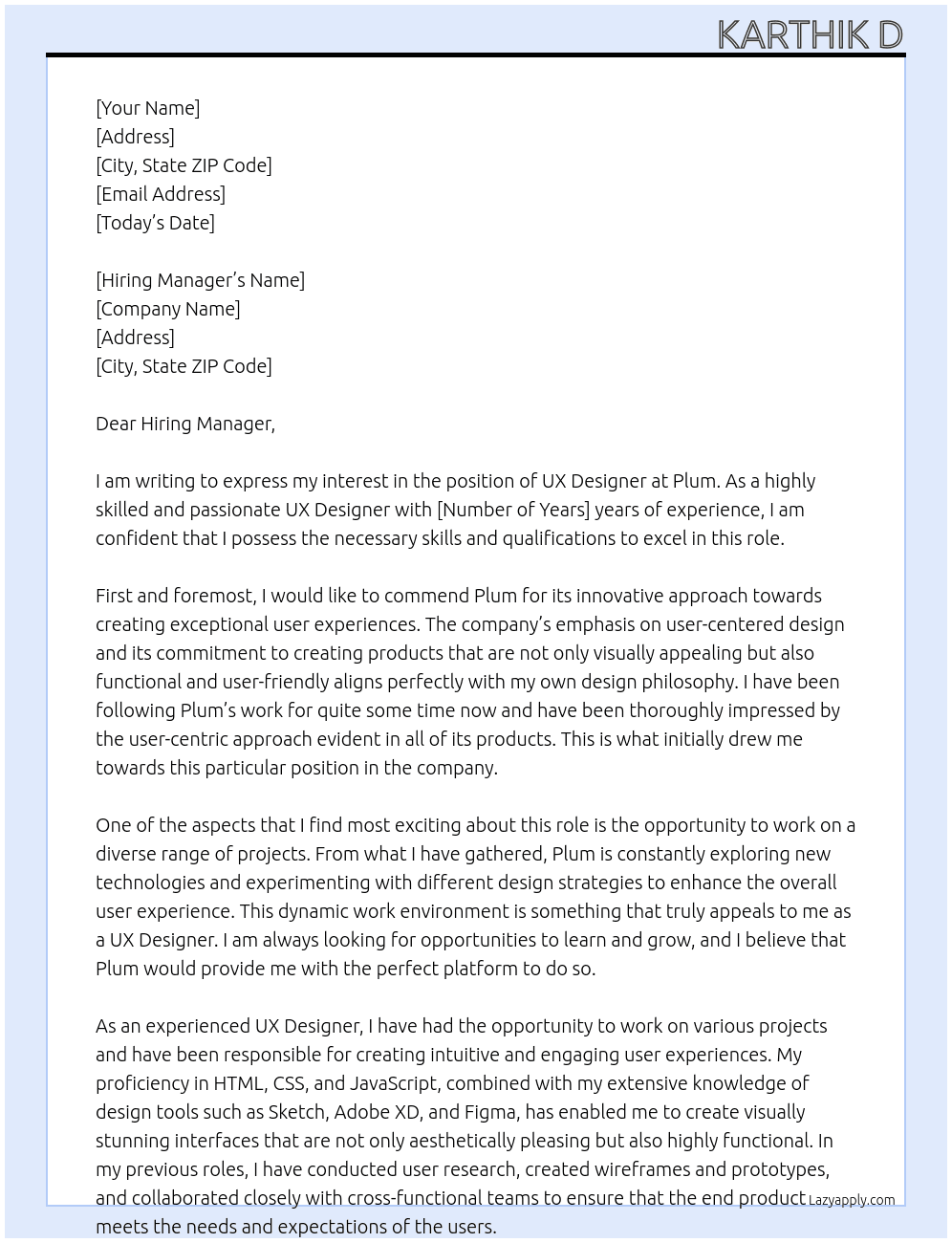 UX Designer At Plum Cover Letter