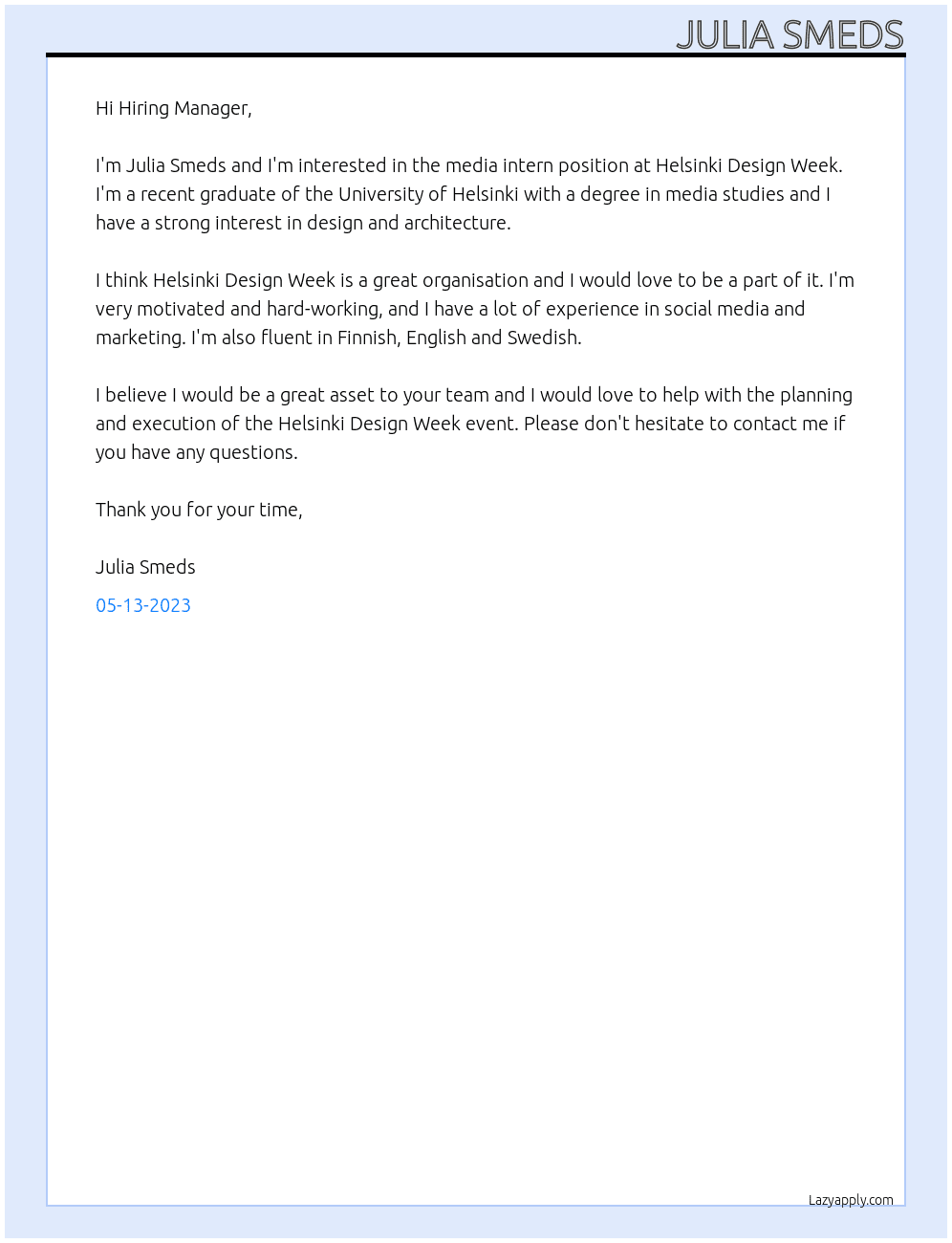 media intern At Helsinki Design Week Cover Letter