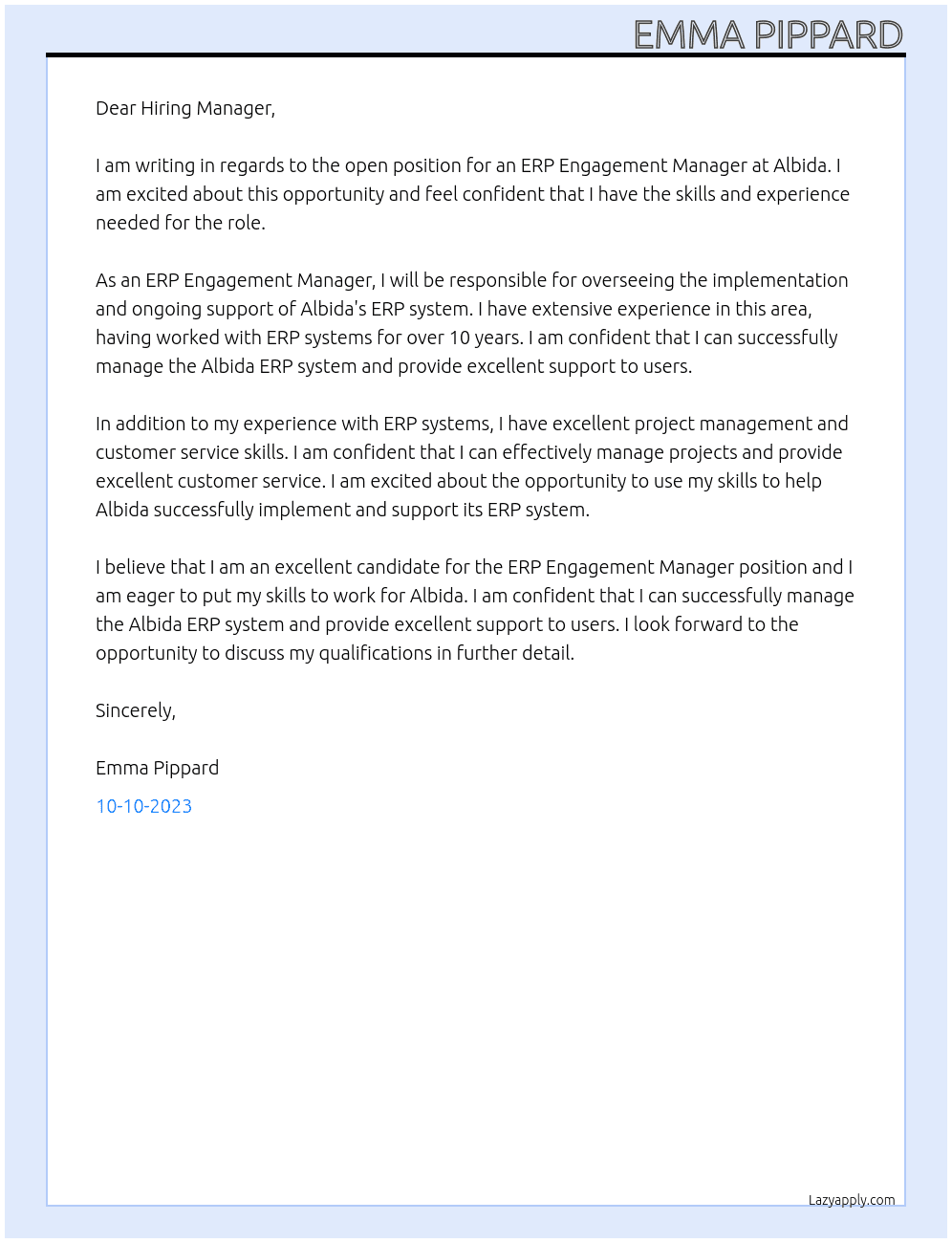 ERP Engagement Manager At Albida Cover Letter