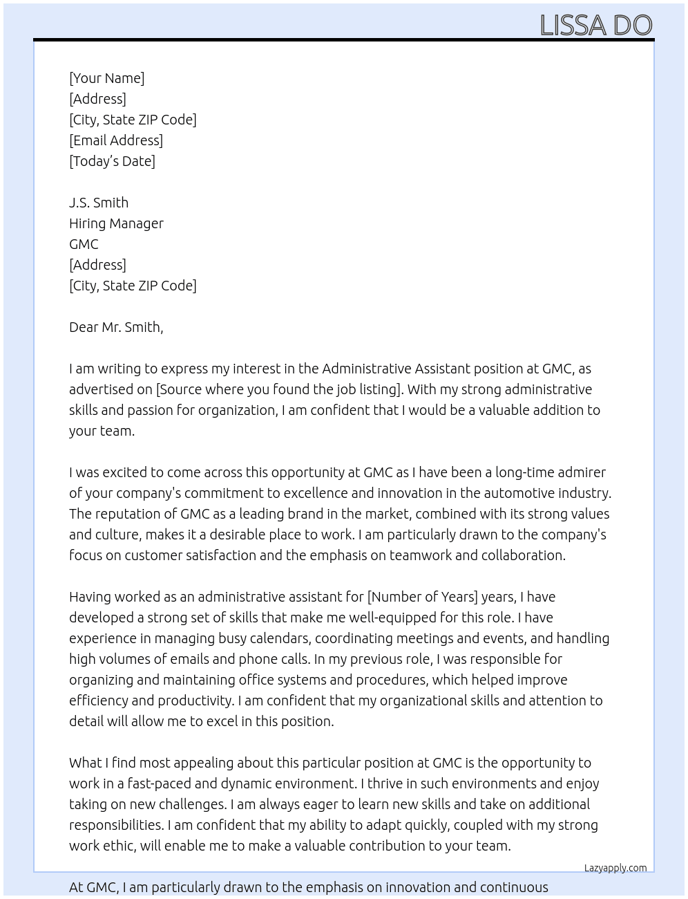 Administrative Assistant At GMC Cover Letter