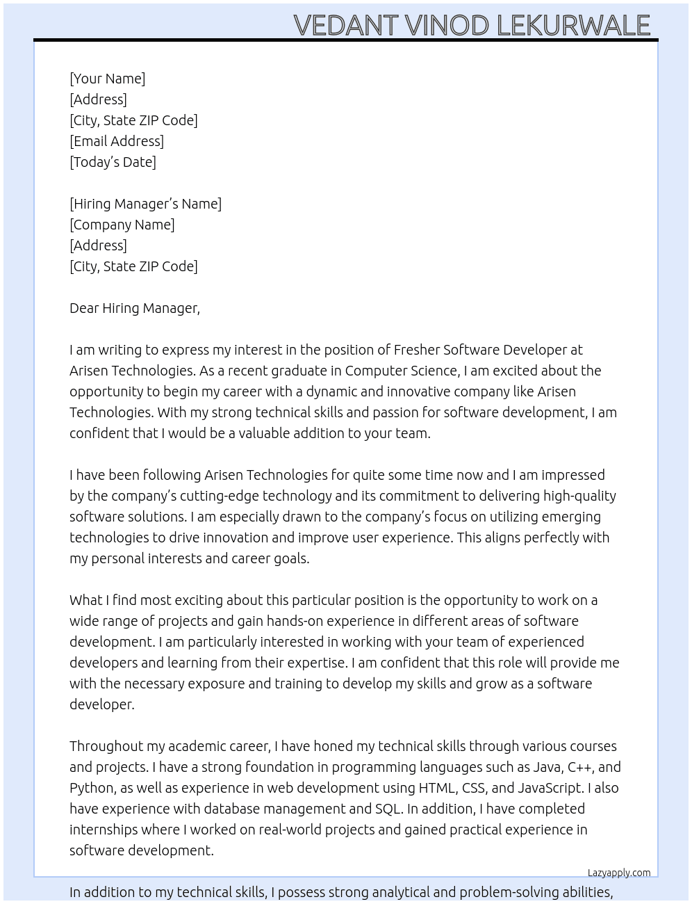 Fresher Software Developer  At Arisen Technologies  Cover Letter